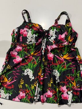 Tropical Floral Swimdress in Black with Pink & Green tankini